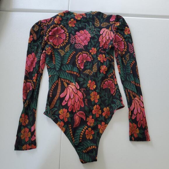 Farm Rio Bodysuit Womens Small Multicolor Floral Tropical Long Sleeve Stretch - Picture 3 of 8